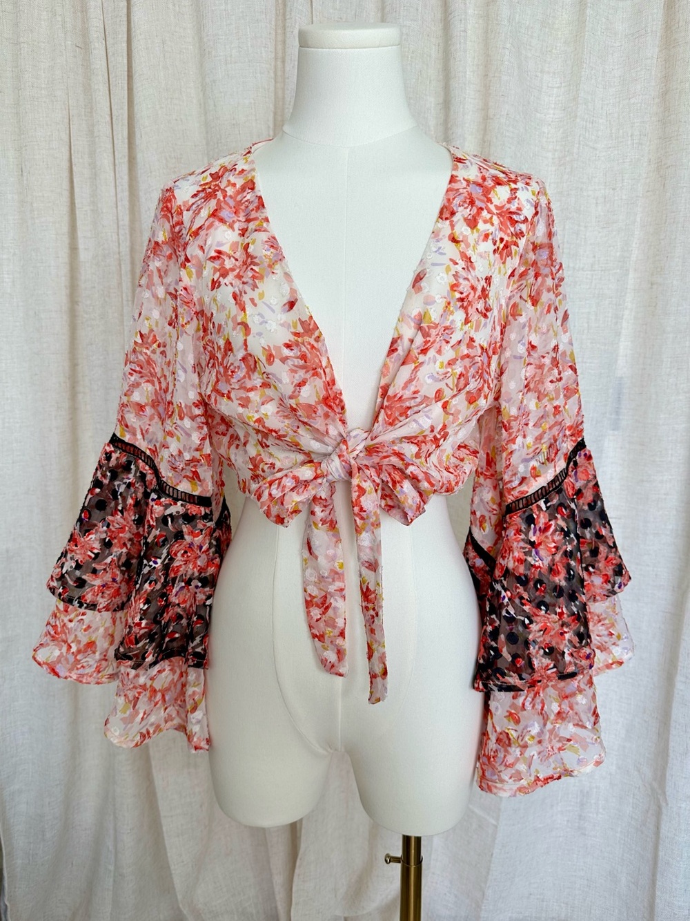 RAGA Pink Floral Tie-Front Bell Sleeve Crop Top